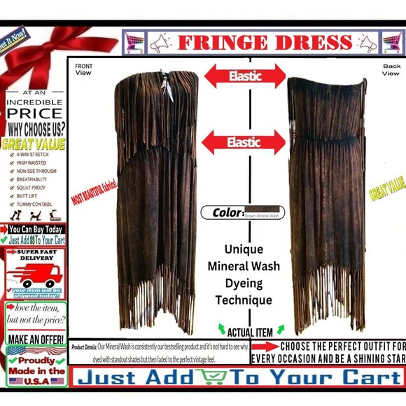 🛑 BULLY Strapless➕🆒 FRINGE Dual Elastic DRESS Mineral Wash 💸BUY NOW‼️🟢 - Picture 1 of 16